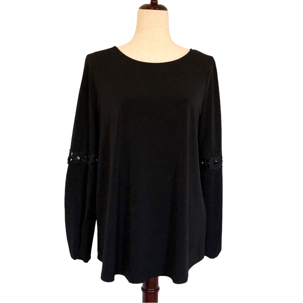 Full Moon Maternity Long Sleeve Lace Detail Crewneck Knit Top, Black Size Large